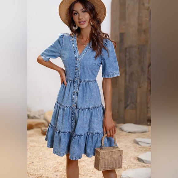Shein French puff sleeve button thru ruffle hem denim dress - Picture 5 of 13